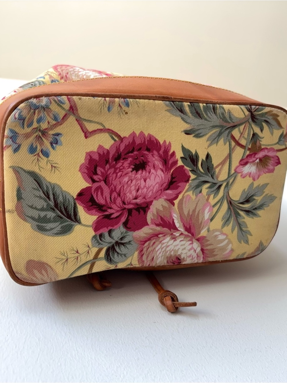 Vintage 80s Ralph Lauren Yellow Floral Drawstring Bucket Bag Leather Canvas Tote - Picture 11 of 15